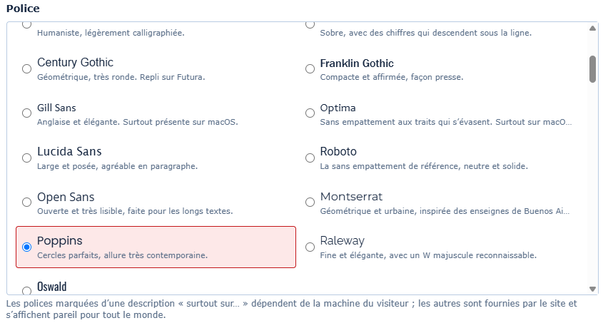 Le sélecteur de polices, sur deux colonnes. Chaque ligne montre le nom de la police écrit dans cette police même, avec sa description en dessous : Century Gothic, Franklin Gothic, Gill Sans, Optima, Lucida Sans, Roboto, Open Sans, Montserrat, Poppins, Raleway, Oswald. Poppins est sélectionnée.